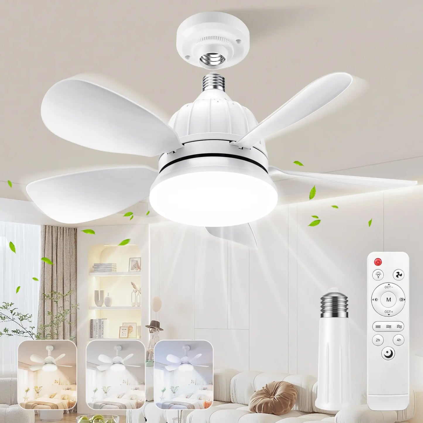 Socket Ceiling Fan Light with Remote E27 Base Dimmable LED 3 Speed Adjustable Fan