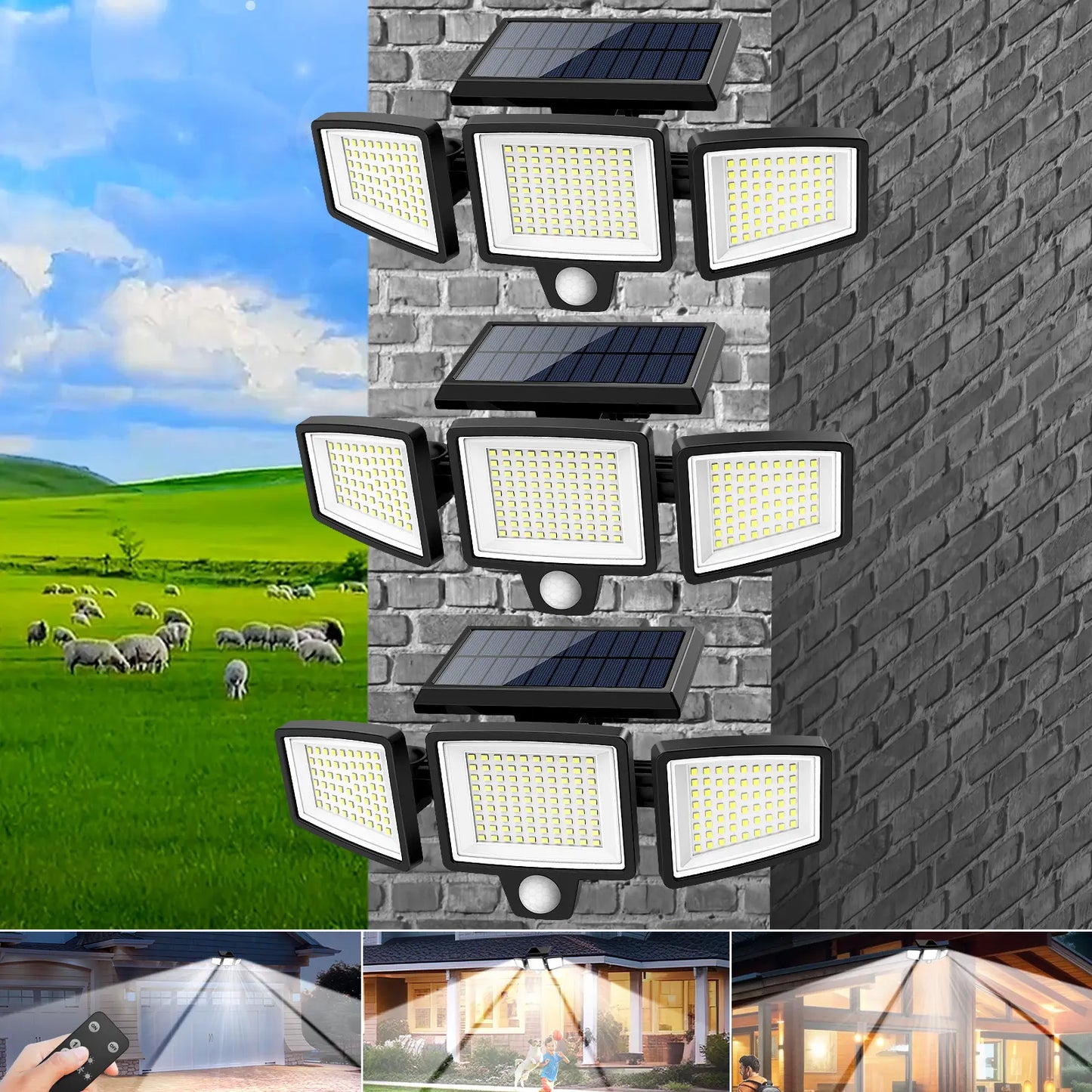 2500LM Solar Security Lights 210LED 3 Head Motion Sensor Outdoor Waterproof Light for Yard Garden Garage Porch Patio