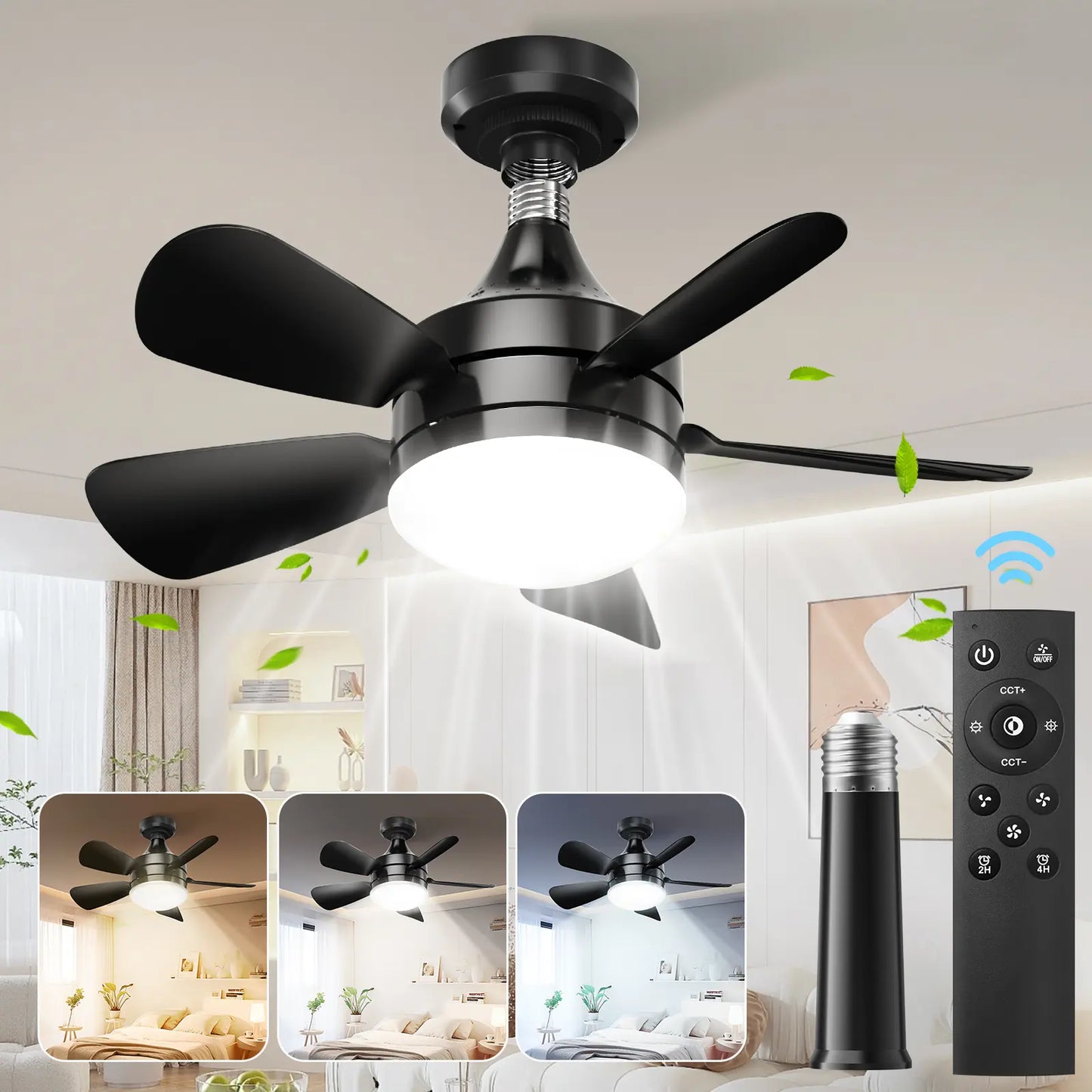 Socket Ceiling Fan Light with Remote E27 Base Dimmable LED 3 Speed Adjustable Fan