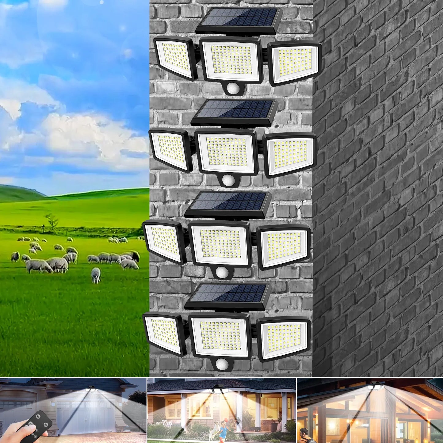 2500LM Solar Security Lights 210LED 3 Head Motion Sensor Outdoor Waterproof Light for Yard Garden Garage Porch Patio