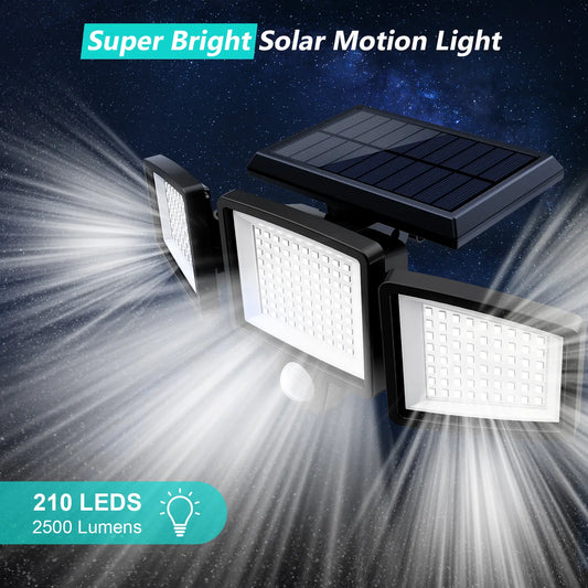 2500LM Solar Security Lights 210LED 3 Head Motion Sensor Outdoor Waterproof Light for Yard Garden Garage Porch Patio