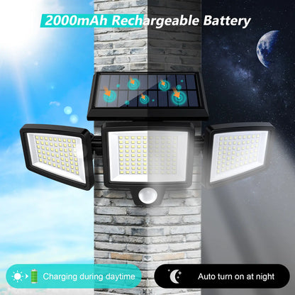 2500LM Solar Security Lights 210LED 3 Head Motion Sensor Outdoor Waterproof Light for Yard Garden Garage Porch Patio