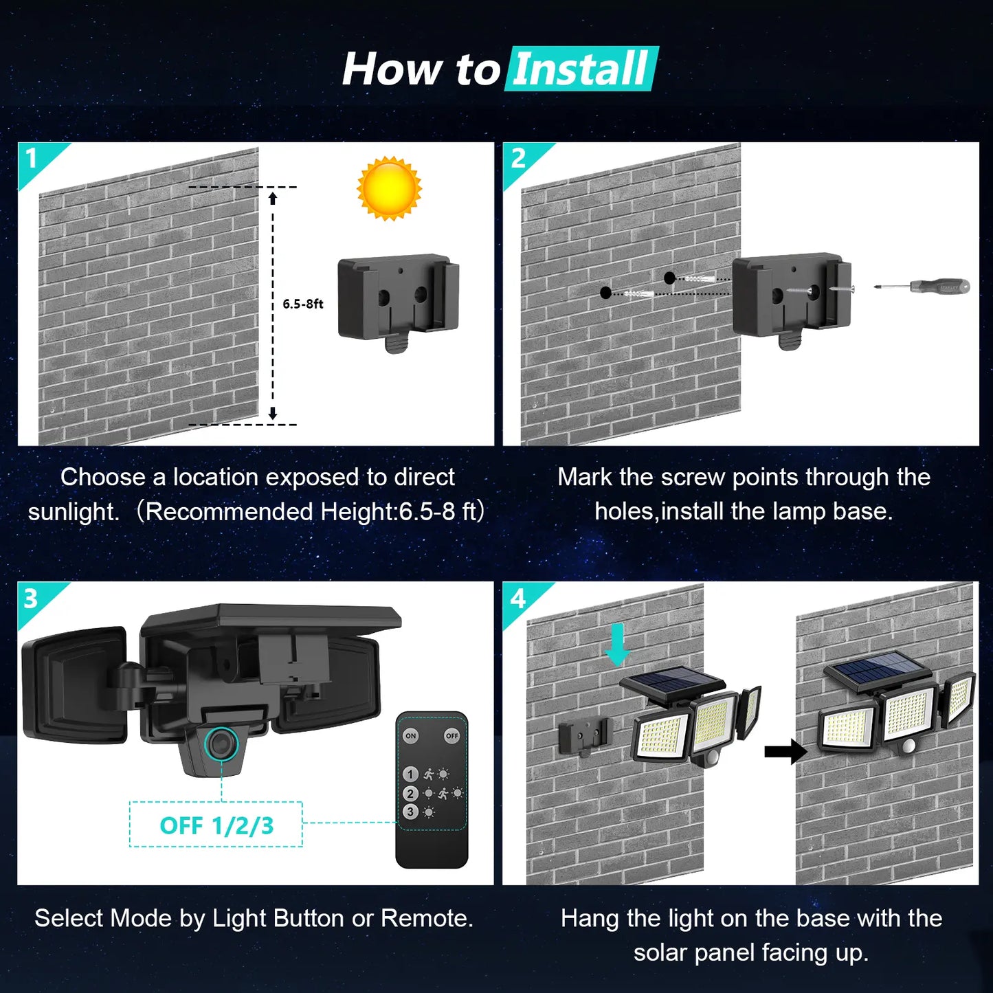 2500LM Solar Security Lights 210LED 3 Head Motion Sensor Outdoor Waterproof Light for Yard Garden Garage Porch Patio