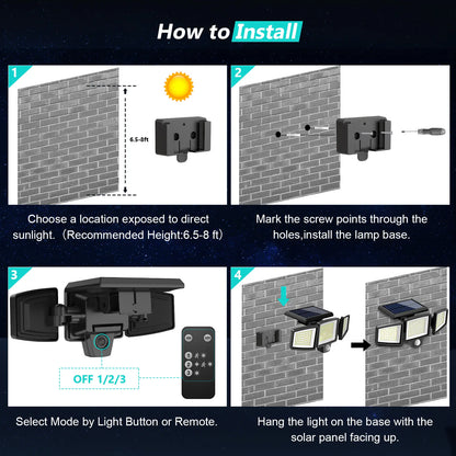 2500LM Solar Security Lights 210LED 3 Head Motion Sensor Outdoor Waterproof Light for Yard Garden Garage Porch Patio