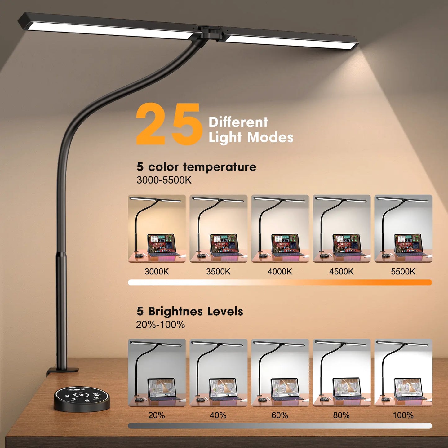 LED Desk Lamp | Dual Screen Light, 5 Colors, Eye Comfort