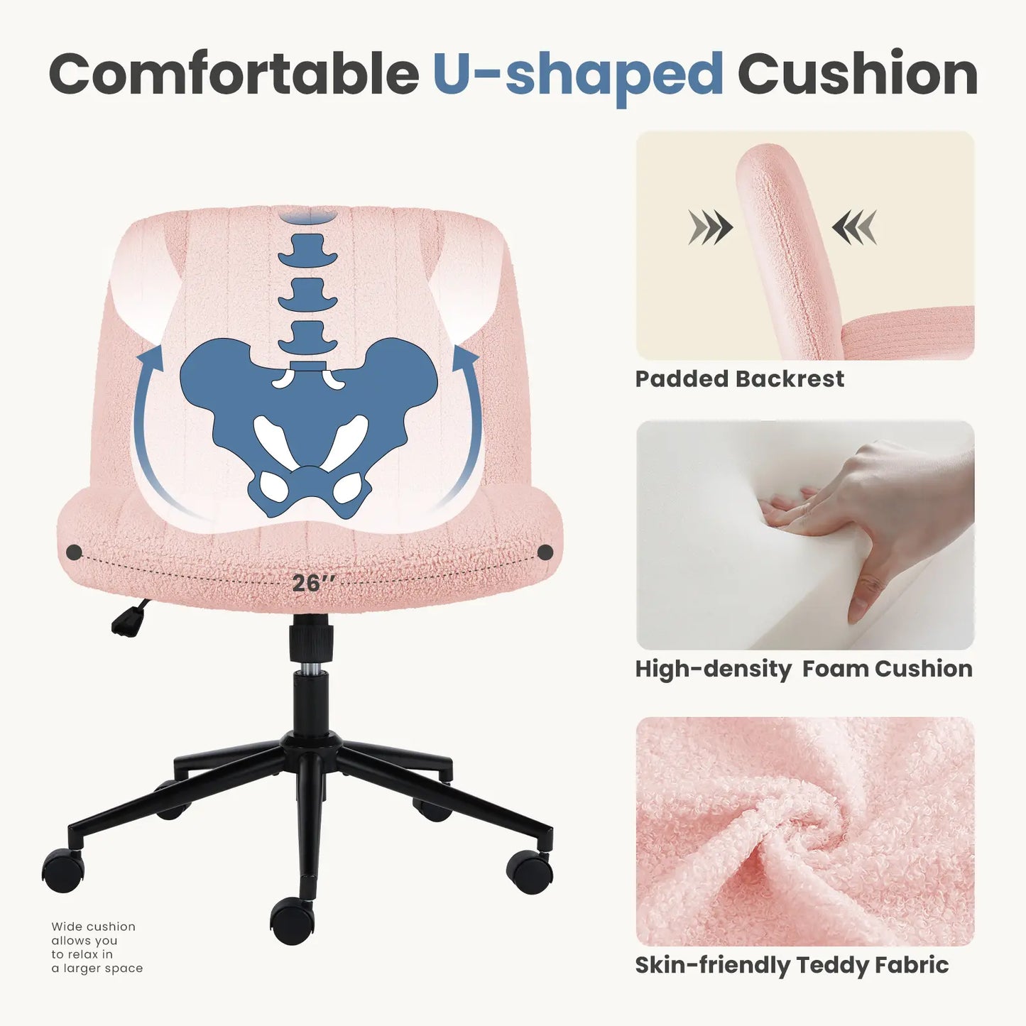 Wide Cross Legged Office Chair with Thick Cushion & 360° Swivel Design
