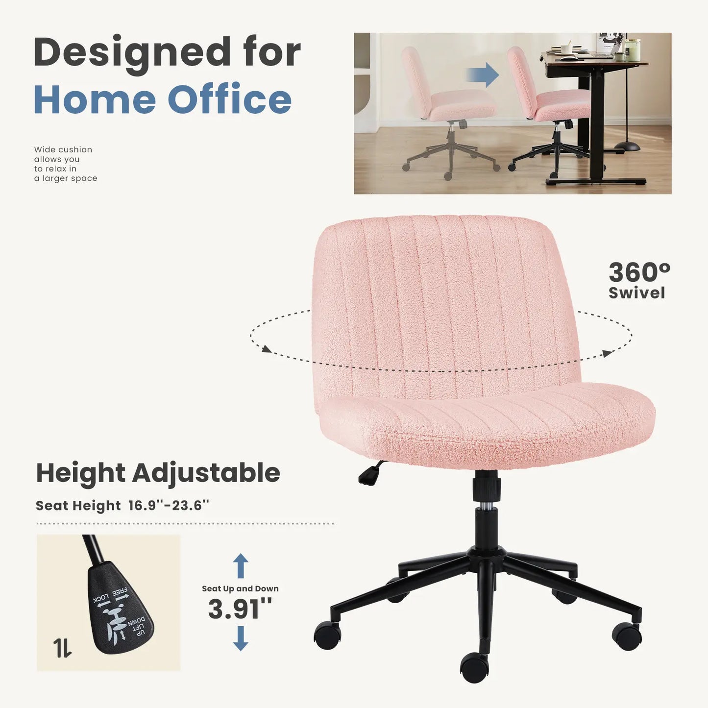 Wide Cross Legged Office Chair with Thick Cushion & 360° Swivel Design